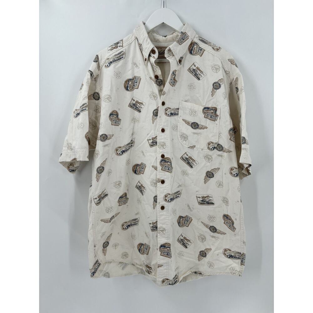 Woolrich Button Down Shirt Mens Large White Short Sleeves Travel Compass Casual